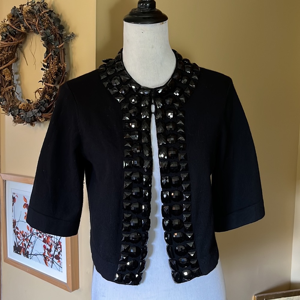 TRINA TURK Size Medium Crop Cardigan Black Gemstones Trim Cashmere Cotton $249